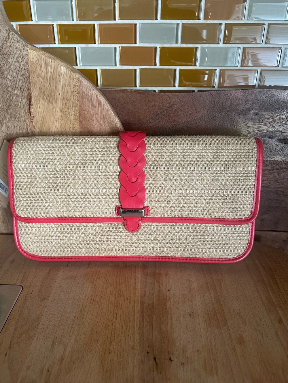 New Cole Haan Izzie Bedford Straw Weave Clutch Cherry Tomato